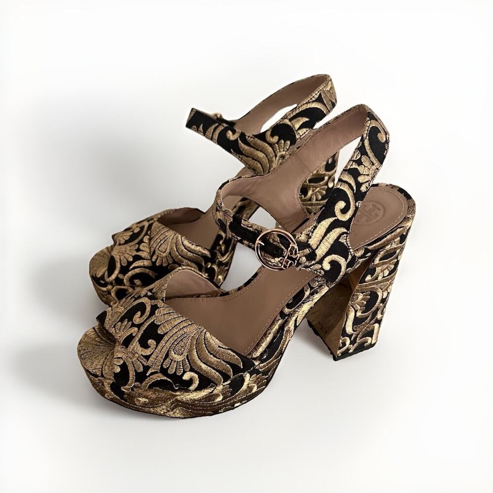Tory Burch Loretta Black Gold Embroidered Brocade Platform Sandals Heels 10